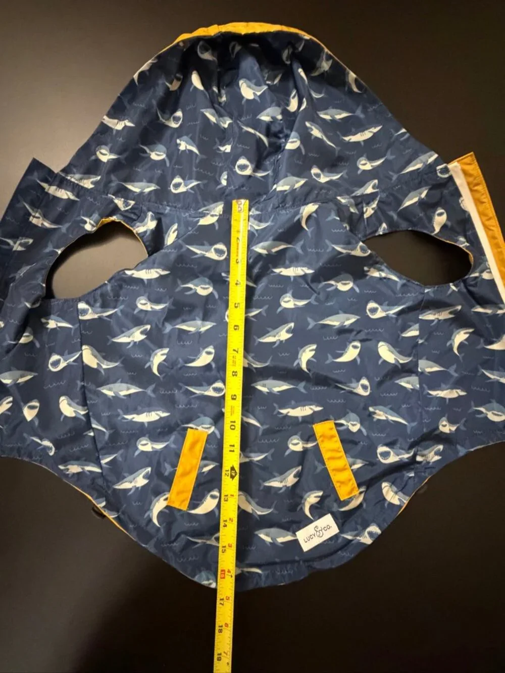 Lucy & Co. Shark Attack Reversible Dog Raincoat Size L Yellow Navy